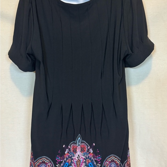 F-104 Ice Black & Colorful Print Pleated Short Sleeve MIDI Dress Size 10 - Picture 9 of 12